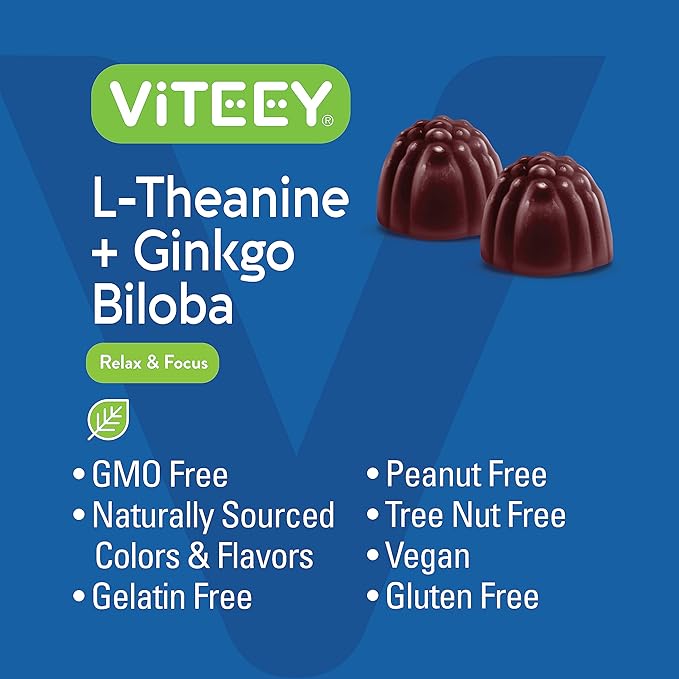 L-Theanine Gummies with Ginkgo Biloba for Adults - Aids in Focus & Relax, Improve Mood - Non GMO, Gelatin Free, Vegan, Gluten Free, Naturally Sourced Chewable Tasty Raspberry Flavored Gummy