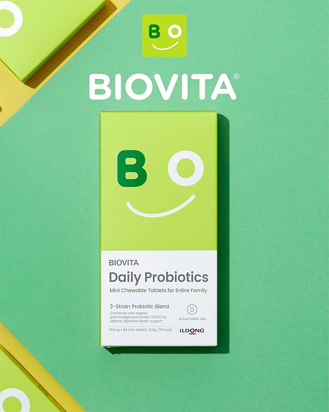 Family Probiotics Mini Tablets (84 Tablets, 28 Days) - Chewable Synbiotic Supplement for Smooth Bowel Movement. Improve Gut/Digestive Health. Organic Prebiotics.