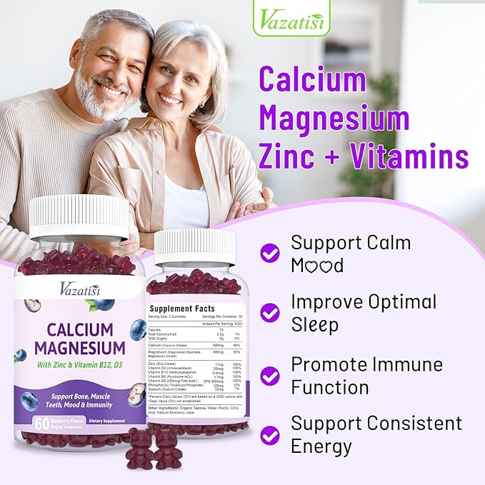 2 Pack Calcium Magnesium Zinc Gummies D3 & B12, Sugar