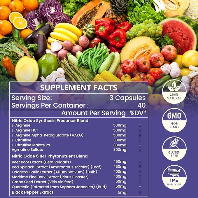 Nitric Oxide Supplements for Men & Women, 3000mg, 120 Capsules - 13-in-1 Nitric Oxide Booster for Muscle Growth, Heart Health, Energy & Circulation – Non-GMO, Gluten-Free