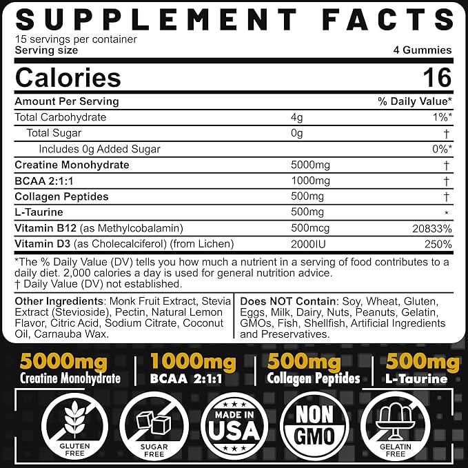 Creatine Monohydrate Gummies 5g for Men 7000mg with B12, D3, D3, Chewables 2 Pack