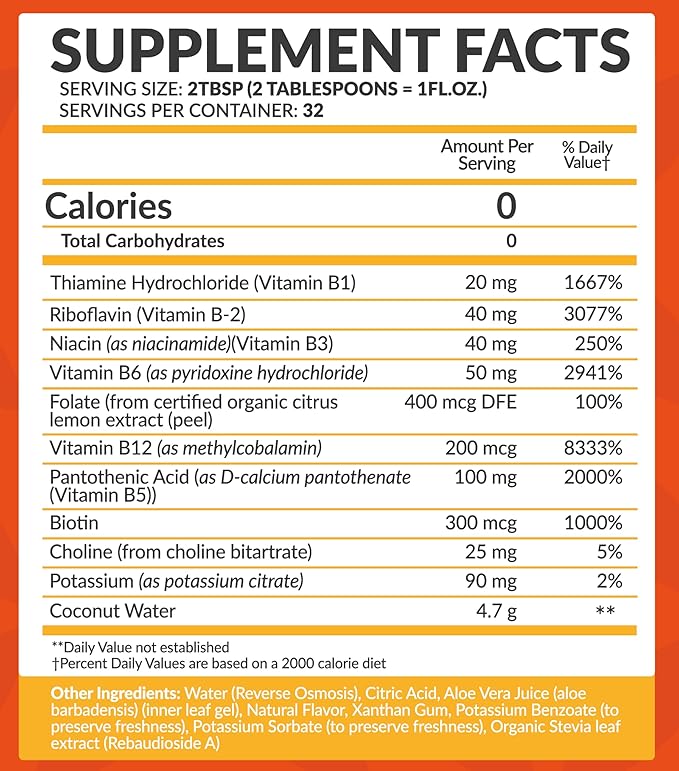 Bio Naturals Vitamin B Complex Liquid Supplement - 100% Natural Energy Boost with Vitamins B1 B2 B3 B5 B6 B12 & Organic Coconut Water for Stress, Mental Focus & Healthy Immune System - 32 fl oz