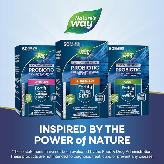 Nature’s Way Fortify Extra Strength† Probiotic Age 50+, 50 Billion Live Cultures, 11 Strains, Prebiotics, Digestive Health*, Immune Support*, Colon Health*, 30 Capsules (Packaging May Vary)