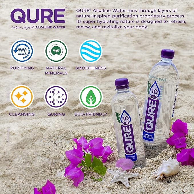 QURE Water, Premium 10 pH Ionized Alkaline Bottled Water, Silky Smooth Taste Infused with Electrolytes, 33.8 Fl Oz (Pack of 12)
