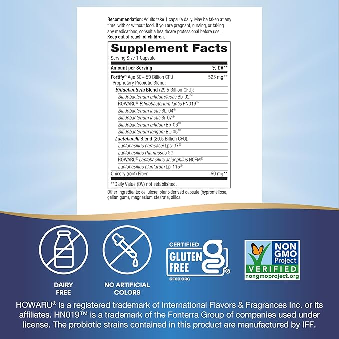 Nature’s Way Fortify Extra Strength† Probiotic Age 50+, 50 Billion Live Cultures, 11 Strains, Prebiotics, Digestive Health*, Immune Support*, Colon Health*, 30 Capsules (Packaging May Vary)