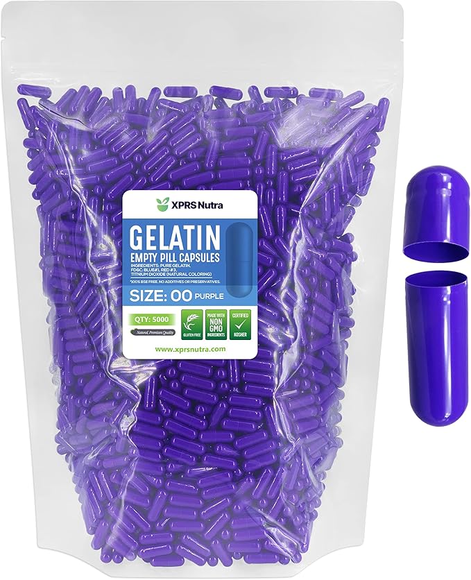XPRS Nutra Size 00 Empty Capsules - 5000 Count Empty Gelatin Capsules - Empty Pill Capsules - DIY Capsule Filling - Fillable Pill Capsules Empty Gel Caps (Purple)