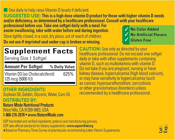Nature Made Extra Strength Vitamin D3 5000 IU (125 mcg), 360 Softgels, 360 Day