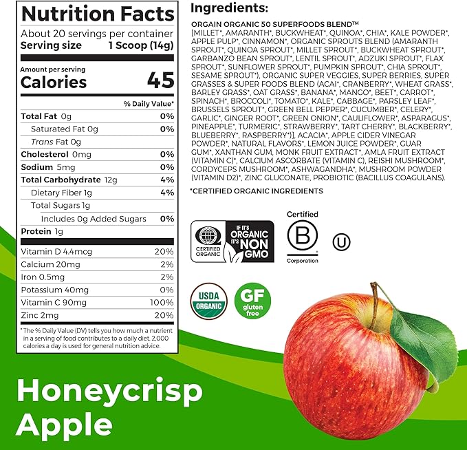 Orgain Organic Greens + 50 Superfoods Immunity Up! Powder, Honeycrisp Apple - Immune Support, Probiotics, Vitamin C, D & Zinc, Apple Cider Vinegar, Ashwagandha, Cordyceps & Reishi Mushrooms - 0.62lb