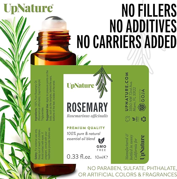 UpNature Rosemary Essential Oil Roll On – Topical Rosemary Oil for Hair & Skin - Premium Aromatherapy Oils - Enhance Focus - Pre-Diluted
