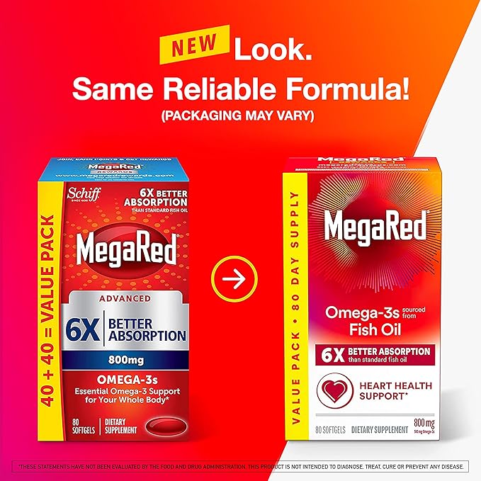 MegaRed Omega 3 Fish Oil Supplement 800mg (per 6X Absorption 3 Fatty (80cnt Box),