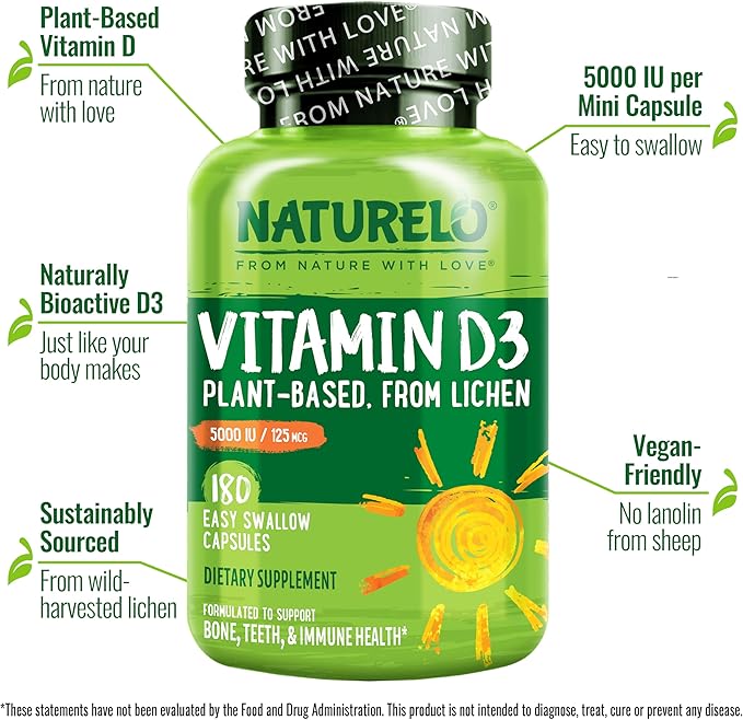NATURELO Vitamin D 5000 IU D3 Supplement 180 Capsules