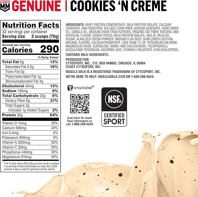 Muscle Milk Genuine Protein Powder, Cookies 4.94 Pound, 32 Servings, 32g Protein, 2g Sugar,