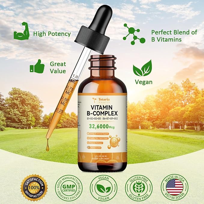 Totatria Vitamin B Complex Liquid Drops 32,6000mcg per B1, B2, B2, B3(Niacin), B3(Niacin), B5, B5, B6, B6, B7(Botin), B7(Botin), B9, B9, B12 B12 for 2 FL.OZ