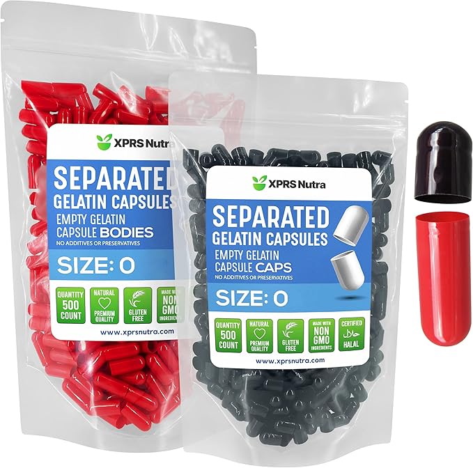 XPRS Nutra Gelatin Size 0 Separated Capsules - 500 Count Empty Capsules Separated in Bags - Size 0 Gelatin Capsules - Empty Gelatin Capsules for DIY Supplement Filling (Black/Red)