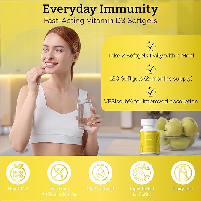 Everyday Immunity 4000 iu Vitamin D3 Supplement - Fast Acting Immune Support Supplement for Bone/Cellular Health - Non GMO, Dietary Supplements - Utilizes VesisorbĀ® (60 softgels)