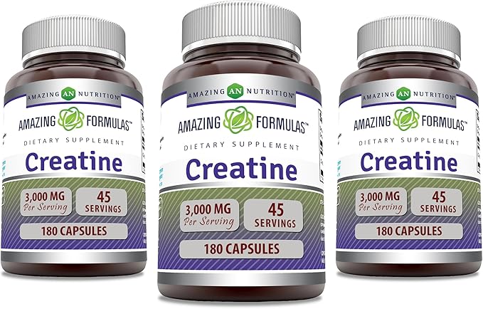 Amazing Formulas Creatine Monohydrate 3000 Mg Per Serving Capsules Supplement | Non-GMO | Gluten Free | Made in USA (3 Pack)