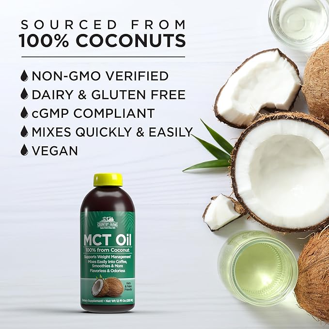 COUNTRY FARMS MCT Oil, Brain and Body Fuel from Coconuts*, Promotes Natural Energy, Keto and Paleo Friendly, Flavorless and Odorless, Non-GMO, 12 Fl Oz