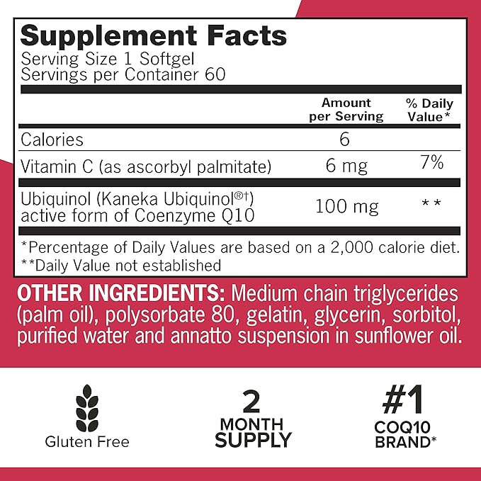 Qunol Ubiquinol CoQ10 100mg Softgels, Mega 100mg - Q10 for 2 Month 60 Count