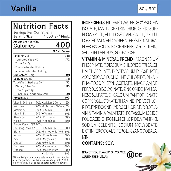 Soylent Vanilla Meal Replacement Shake, Ready-to-Drink 20g Complete 1g Sugar, 14oz, 12 12 Pack
