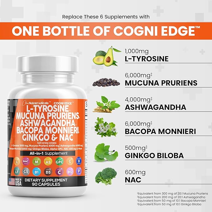 Clean Nutraceuticals L Tyrosine 1000mg Mucuna 6000mg Bacopa 500mg Ashwagandha 4000mg Focus 600mg NAC 5-HTP Ginkgo B1 B12 B12