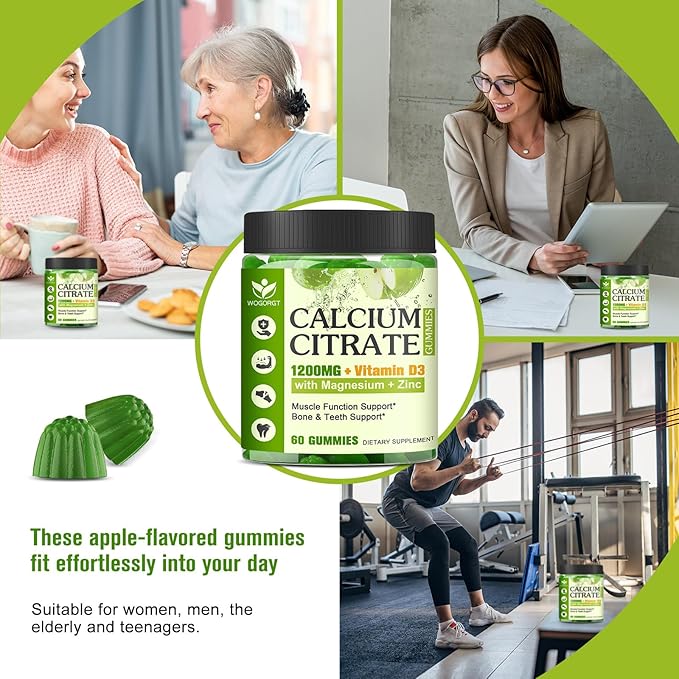 Calcium Citrate 1200mg Supplement with Vitamin D3 Gummies for Women & Men - Chewable Calcium Magnesium Zinc D3 K2 Supplement for Bone & Teeth Support, Vegan, Apple Flavor - 60 Gummies (2Pack)