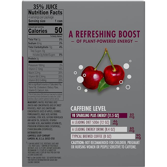 V8 +SPARKLING ENERGY Black Cherry Energy Drink, Made with Real Vegetable and Fruit Juices, 11.5 FL OZ Can 4 Count (Pack of 6)