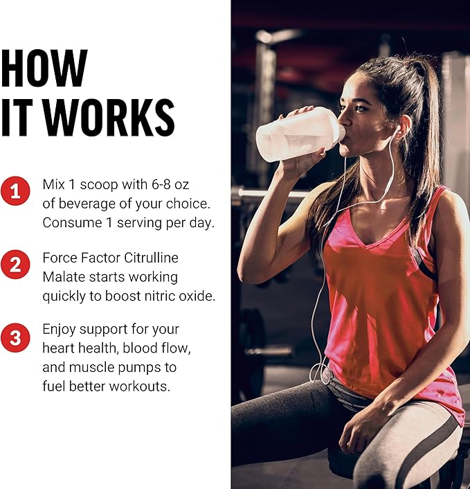 FORCE FACTOR Citrulline Malate 2:1, L Citrulline Supplement for Men to Boost Nitric Oxide, Blood Flow, Muscle Pumps, and Performance, L Citrulline Powder Pump Supplement, Unflavored, ~66 Servings