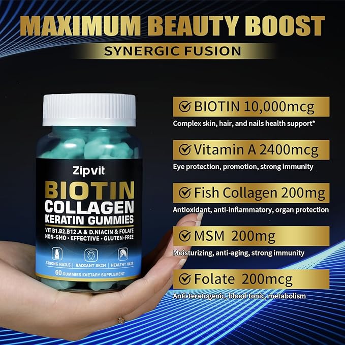 Biotin Collagen Gummies – Hair Skin B1, B2, B2, B3, B3, B6, B6, B7, B7, Collagen, 60 Gummy