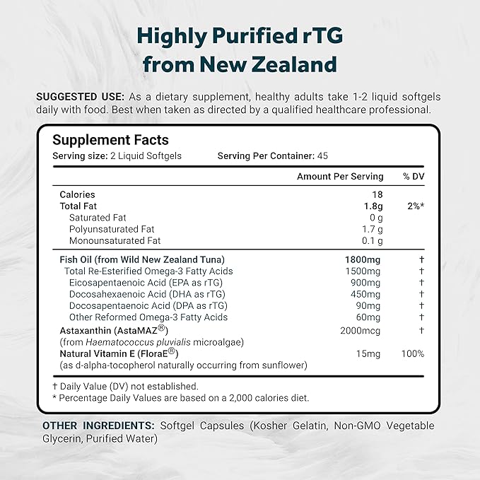 Naturalis Ultimate rTG Omega 3 Fish Oil 1800mg from Wild New Zealand Tuna - Full Spectrum Omega3s EPA, DHA & DPA - Sustainably Sourced, Non-GMO, Gluten Free - 90 Softgels