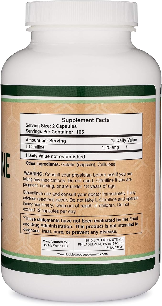 L Citrulline Capsules 1,200mg Per Serving, 210 Count (L-Citrulline Increases Levels of L-Arginine, Acts as a Nitric Oxide Booster) Muscle Recovery Supplement to Improve Muscle Pump by Double Wood