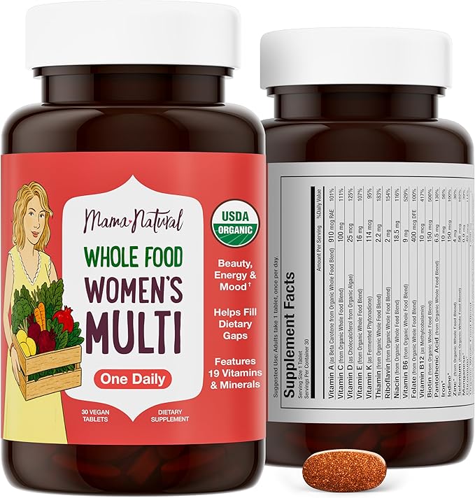 Mama Natural Organic Women's Multivitamin – Whole Food Based, 1 A Day Vegan Tablet – USDA Organic, Non-GMO, Clean Label Multivitamin for Women – 30 Day Supply with Iron & Methylated B12