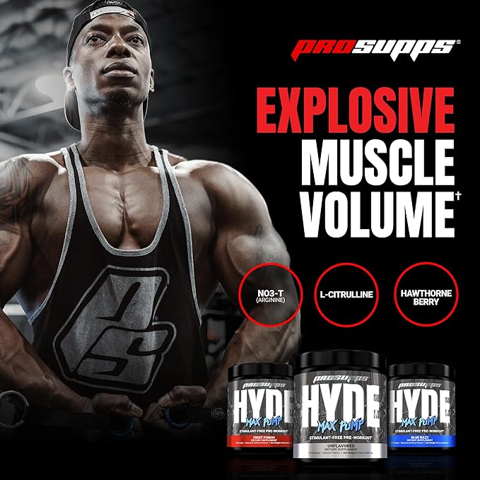 PROSUPPS Hyde Max Pump Pre Workout for Men and Women - Nitric Oxide Supplement for Pump and Endurance - Stimulant Free Pre Workout to Promote Blood Flow and Muscle Strength (Blue Razz, 20 Servings)