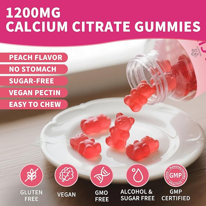 Calcium Citrate Gummies 1200 mg for Adults, High Absorption Pure Calcium Supplement for Women & Men, Sugar Free, Non-GMO, Gluten Free, Supports Muscle & Immune - Natural Peach Flavor, 120 Gummies