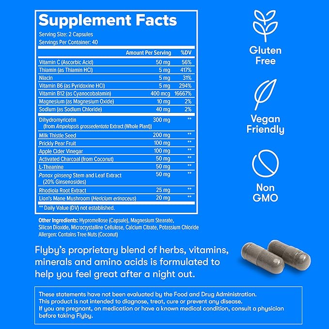 Flyby Recovery Supplement - All The Hang, Without The Over!™ - with Milk Thistle, Vitamin C, Activated Charcoal, and Apple Cider Vinegar - Pre & Post Drinking Formula (80 Count)