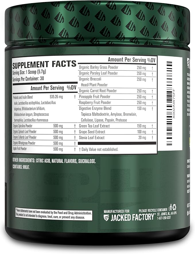 Jacked Factory Green Surge Green Superfood Powder- Keto Friendly Greens Drink w/Spirulina, Wheat & Barley Grass, Organic Greens - Green Tea Extract, Probiotics & Digestive Enzymes - Sour Apple - 30sv