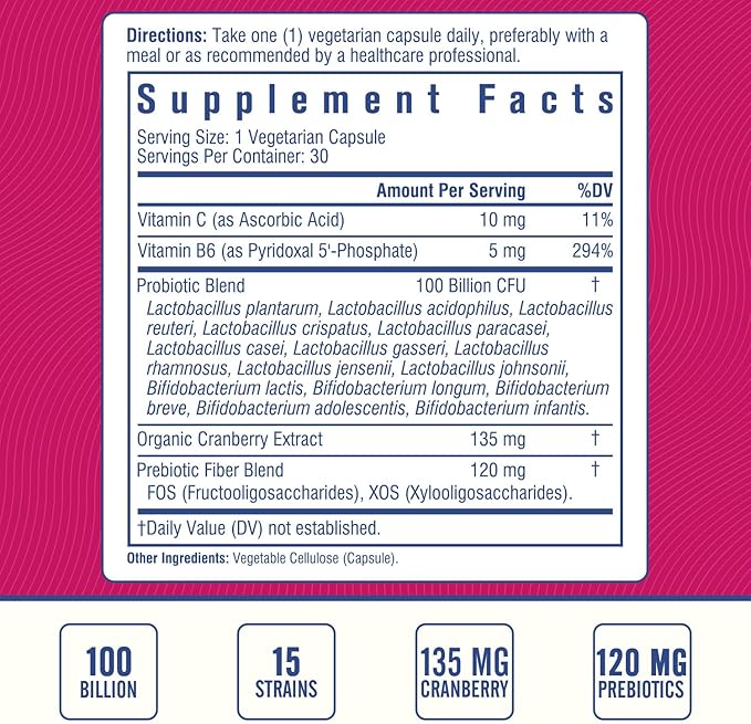Women's Probiotic, 100 Billion & 15 B6 for 30 Capsules