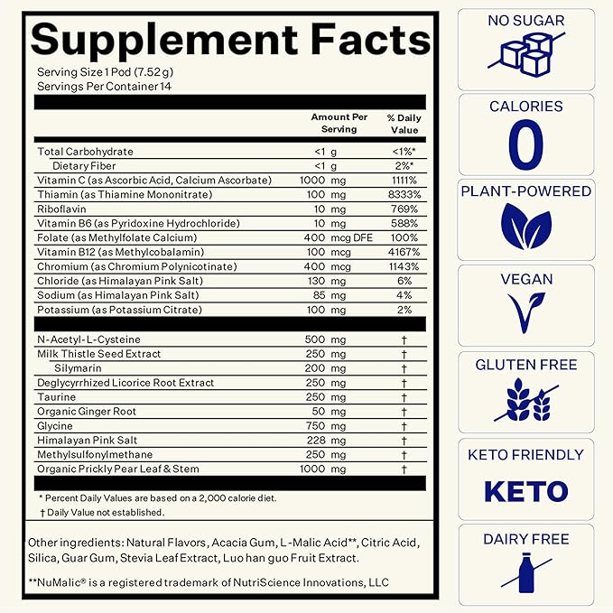 Blueshift Pre-Game - Pre Drinking NAC Supplement, Electrolytes Powder Packets, Hydration Packets, Pre Alcohol Liver Support with Ginger, Cysteine, Milk Thistle, No Sugar Powder Pods (14 Pack)