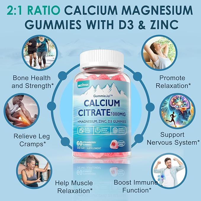 Calcium Citrate 1000mg, Calcium Gummies with Calcium & Magnesium 2:1 Ratio, Plus Vitamin D3, Zinc, B6 & Potassium – High Absorbable Calcium Chewable, Bone & Muscle Support, Vegan, Sugar-Free, 120Cts