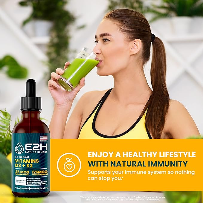 E2H Vitamins D3 & K2 Supplement for Immune Support - Liquid Vitamin D3 5000 IU - Made in The USA - Non-GMO, Vegan - 120 Servings