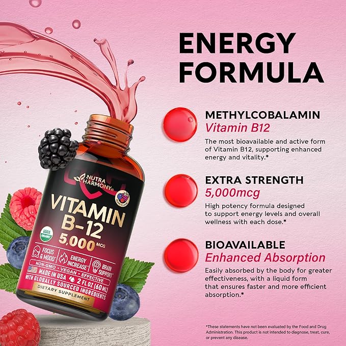 USDA Organic Vitamin B12 Sublingual Drops - 5000 mcg Liquid Vegan Methylcobalamin for Women & Men - Energy Boost, Focus & Mood, Brain Health Support - Maximize Absorption - 2 Month Supply, 2 fl oz