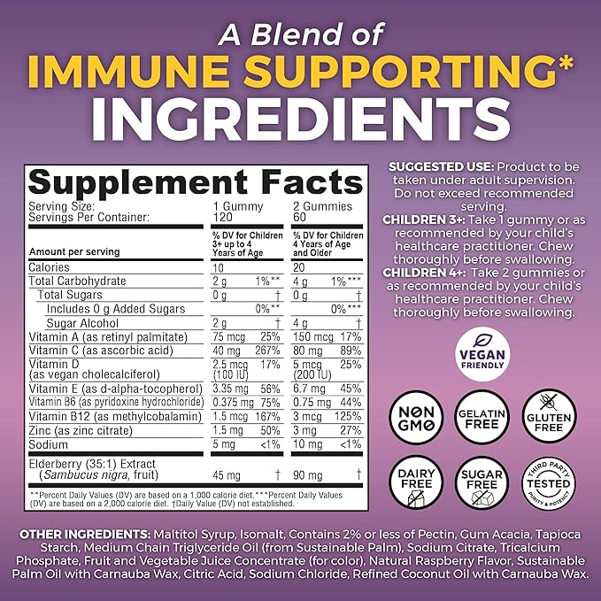 Viva Naturals Sugar-Free Sambucus Elderberry Gummies for Kids, 8-in-1 Children Immune Support with Vitamin C & Zinc – Chewable, Vegan & Gluten-Free (120 Count) for Daily Wellness