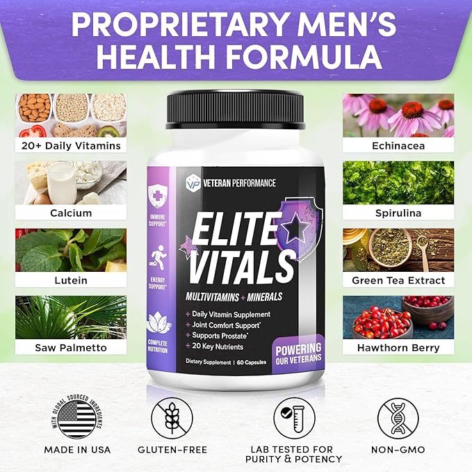 Elite Vitals Multivitamin for Men β Daily Mens Multivitamins Ages Over 20 Plus β Prostrate Energy Immune Joint Support β Daily Mens Vitamins and Minerals (60 Capsules)