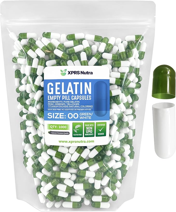 XPRS Nutra Size 00 Empty Capsules - 1000 Count Empty Gelatin Capsules - Empty Pill Capsules - DIY Capsule Filling - Fillable Pill Capsules Empty Gel Caps (Green/White)