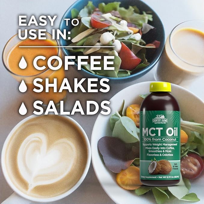 COUNTRY FARMS MCT Oil, Brain and Body Fuel from Coconuts*, Promotes Natural Energy, Keto and Paleo Friendly, Flavorless and Odorless, Non-GMO, 12 Fl Oz