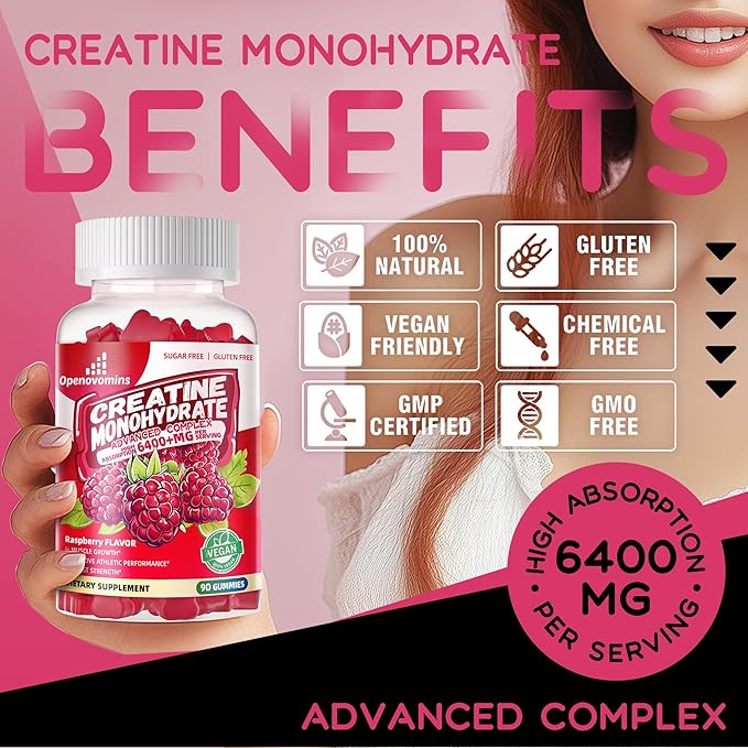 Creatine Monohydrate Gummies Complex 6400mg for Men & Women -Advanced Formula W/L-Taurine + Vitamin B12, Sugar Free Chewable Supplement,180 Raspberry Gummies 2pack