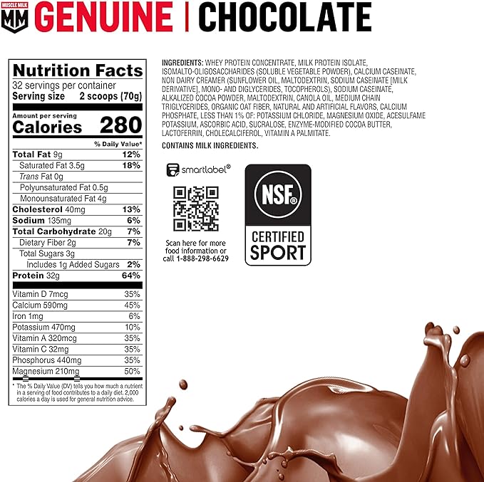 Muscle Milk Genuine Protein Powder, Chocolate, 4.94 Pound, 32 Servings, 32g Protein, 2g Sugar,