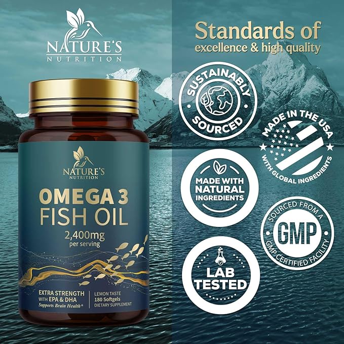 Triple Strength Omega 3 Fish Oil 2400 mg 1200 MG Omega-3 Supplement 180 Fish
