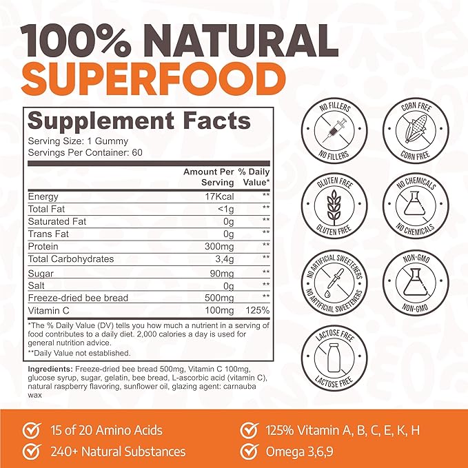 Bee Bread Gummies - Fermented Bee Pollen & Honey, 100% Natural Multivitamin, Superfood for Energy, Metabolism, Sleep, Recovery, Immunity | Rich in Vitamin C, B, Amino Acids, Antioxidants, Minerals