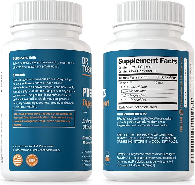 Dr. Tobias Prebiotics, Supports Digestion & Gut Health, Feed Good Probiotic Bacteria, Boost Gut Immune Function, Vegan & Non-GMO Gut Health Supplements for Men and Women, 90 Capsules, 90 Servings