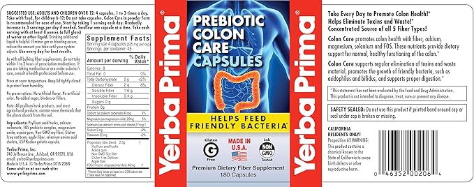Yerba Prima Prebiotic Colon Care Capsules 180 Count 2), Gluten